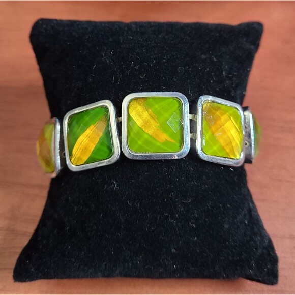 Art Deco Green and Yellow Stretch Elastic Cuff Bracelet. - Picture 1 of 3